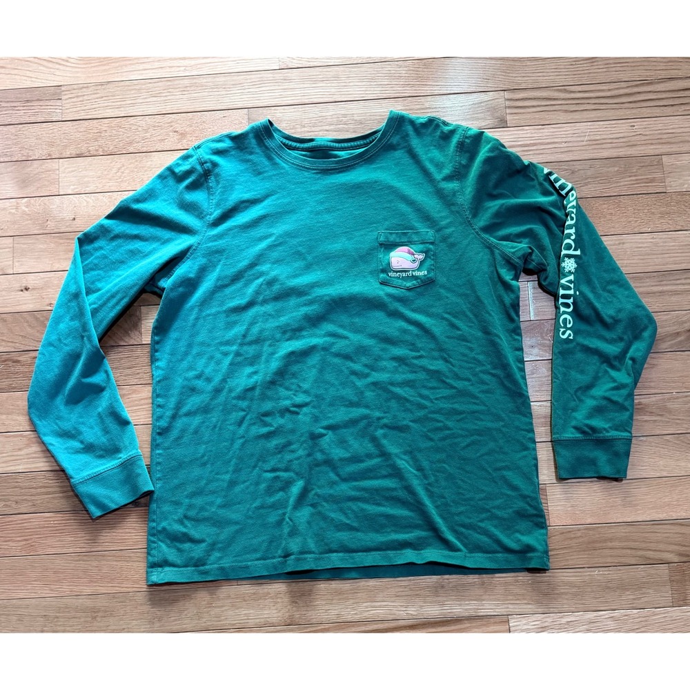 Vineyard Vines Mens Large Christmas Santa Whale Long Sleeve Pocket T-Shirt Green